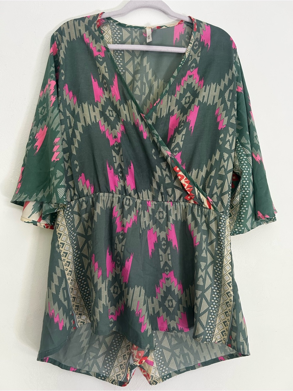 Elan Green & Hot Pink Aztec Wrap Romper